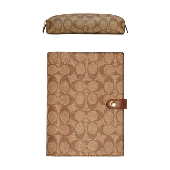 Coach Notebook & Pencil Case Set Signature Canvas Leather Khaki Brown Snap Zip - Picture 9 of 9